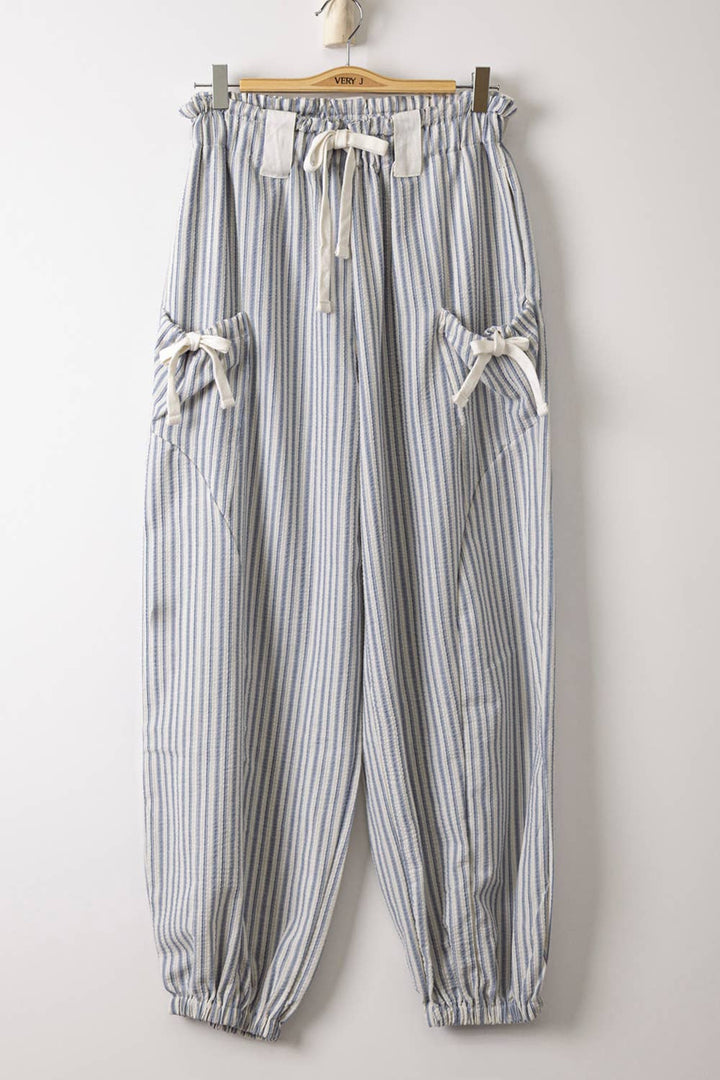 Pants - NP71004-Bow Detail Stripe Textured Woven Pants - - Cultured Cloths Apparel