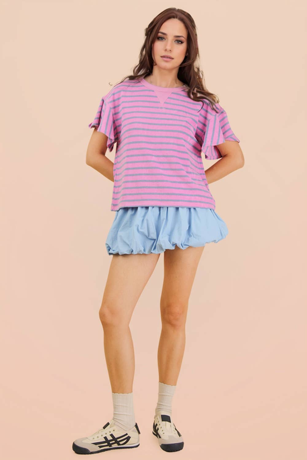 Oversized Ruffle Sleeve Casual Stripe Knit Top