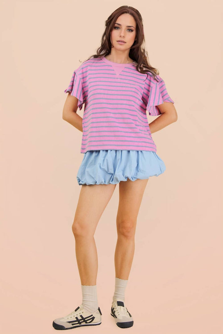 Oversized Ruffle Sleeve Casual Stripe Knit Top