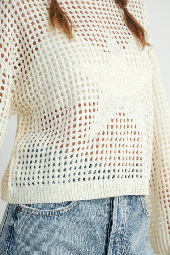 Women's Sweaters - Star Crew Neck Crochet Sweater - - Cultured Cloths Apparel