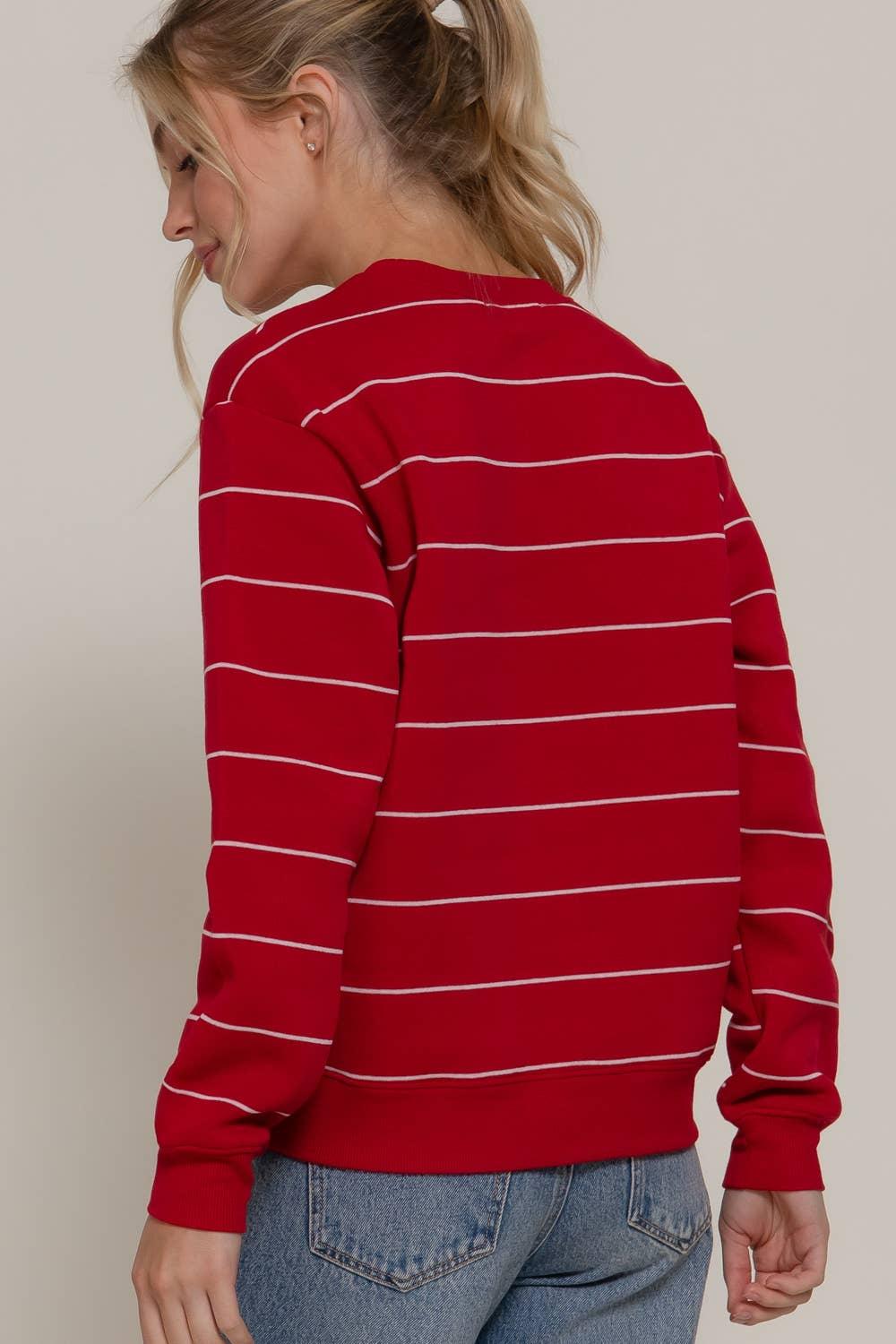 Women's Sweaters - Long Sleeve Engineer Stripe Inner Fleece Sweatshirt - RED - Cultured Cloths Apparel