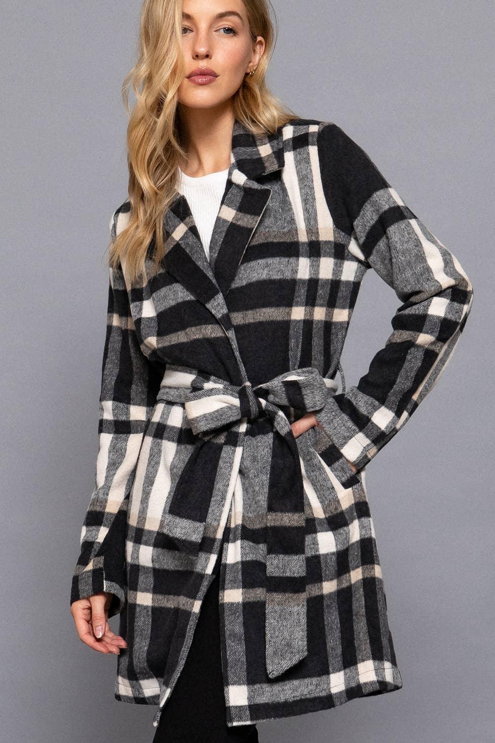 Outerwear - Long Sleeve Notched Collar with Waist Belt Plaid Jacket - - Cultured Cloths Apparel