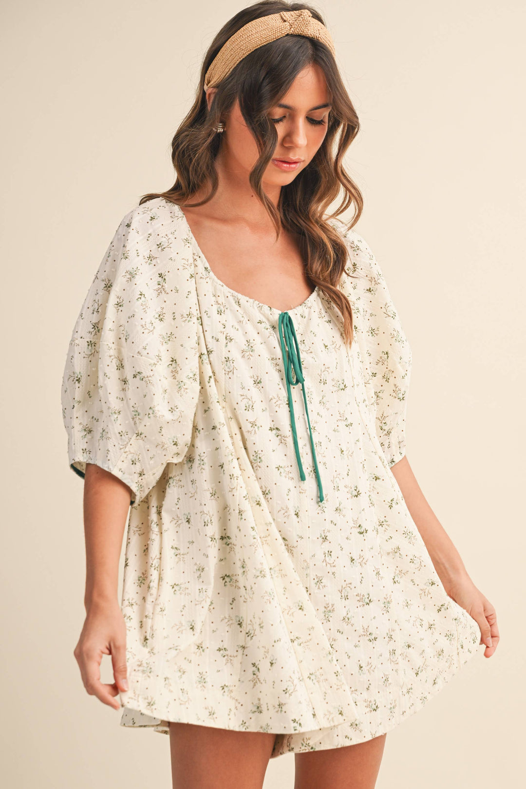 Women's Rompers - FLORAL SWISS DOT OVERSIZED PUFF SLEEVE ROMPER - - Cultured Cloths Apparel