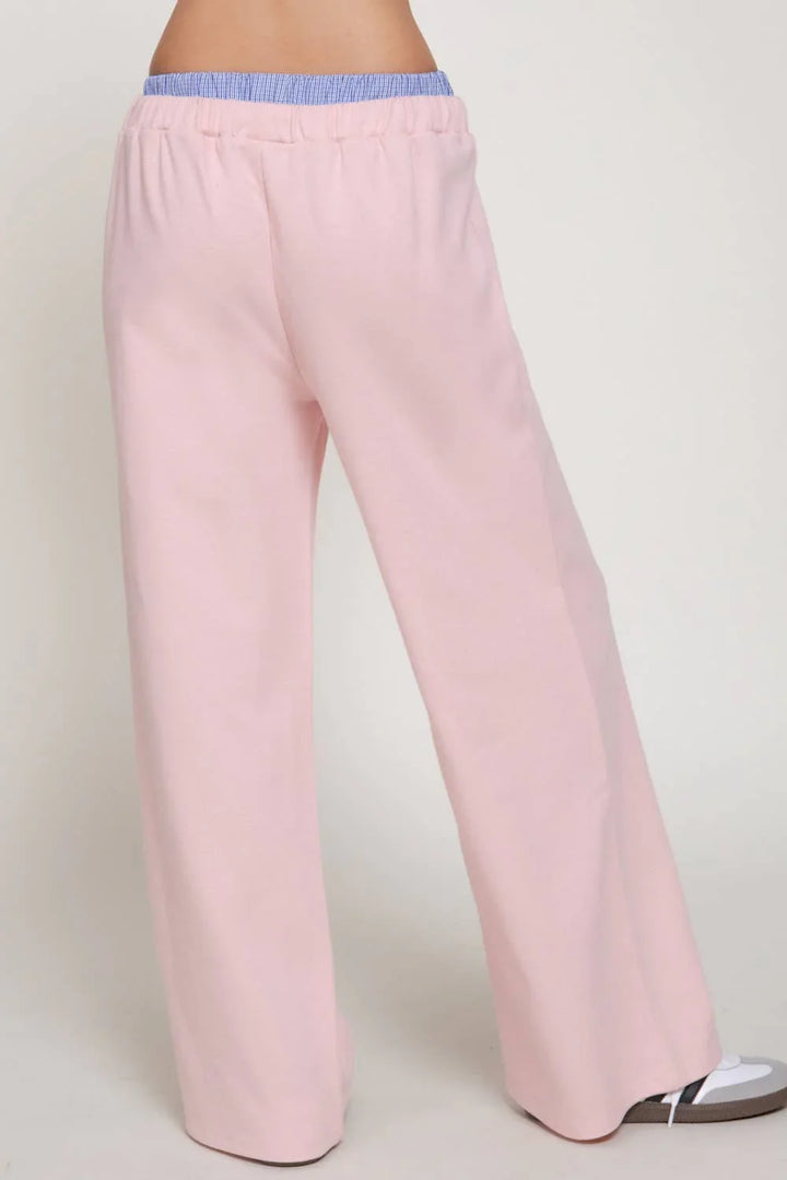 Elastic Waist Long Pants with Contrasting Check Panel