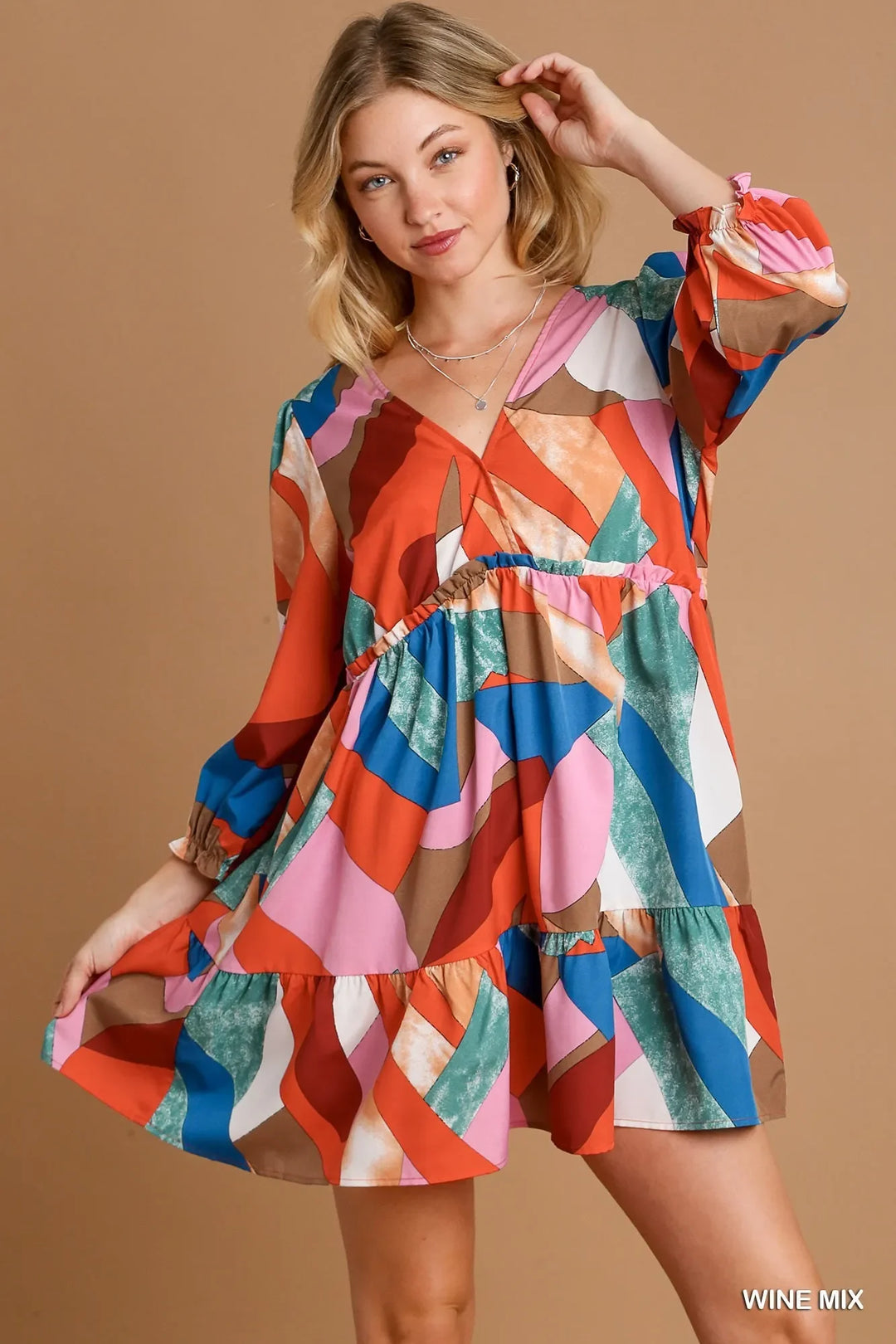 Women's Dresses - Umgee Abstract V-Neck Tiered Printed Dress - WINE MIX - Cultured Cloths Apparel