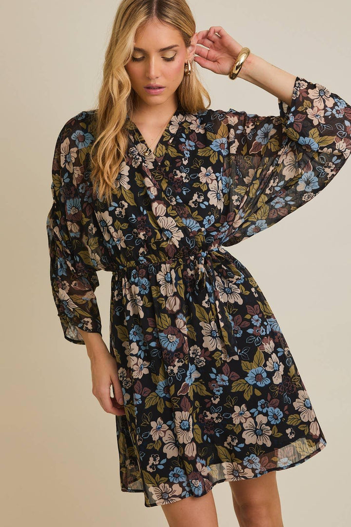 Women's Dresses - SURPLICE SHIRRING 3/4 SLEEVE FLORAL DRESS - BLACK-MULTI FLORAL - Cultured Cloths Apparel