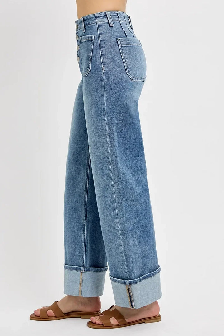 Denim - RISEN High Rise Ankle Wide Button Patch Pocket Cuffed Jeans - - Cultured Cloths Apparel