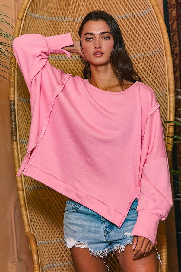 T2369 Raw Edge Detail Hi-Low Hem Solid Terry Top