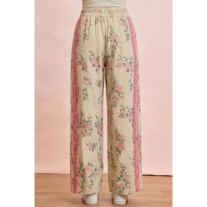 FLOWER PRINTED TWILL SIDE TRIM ELASTIC WAIST PANTS