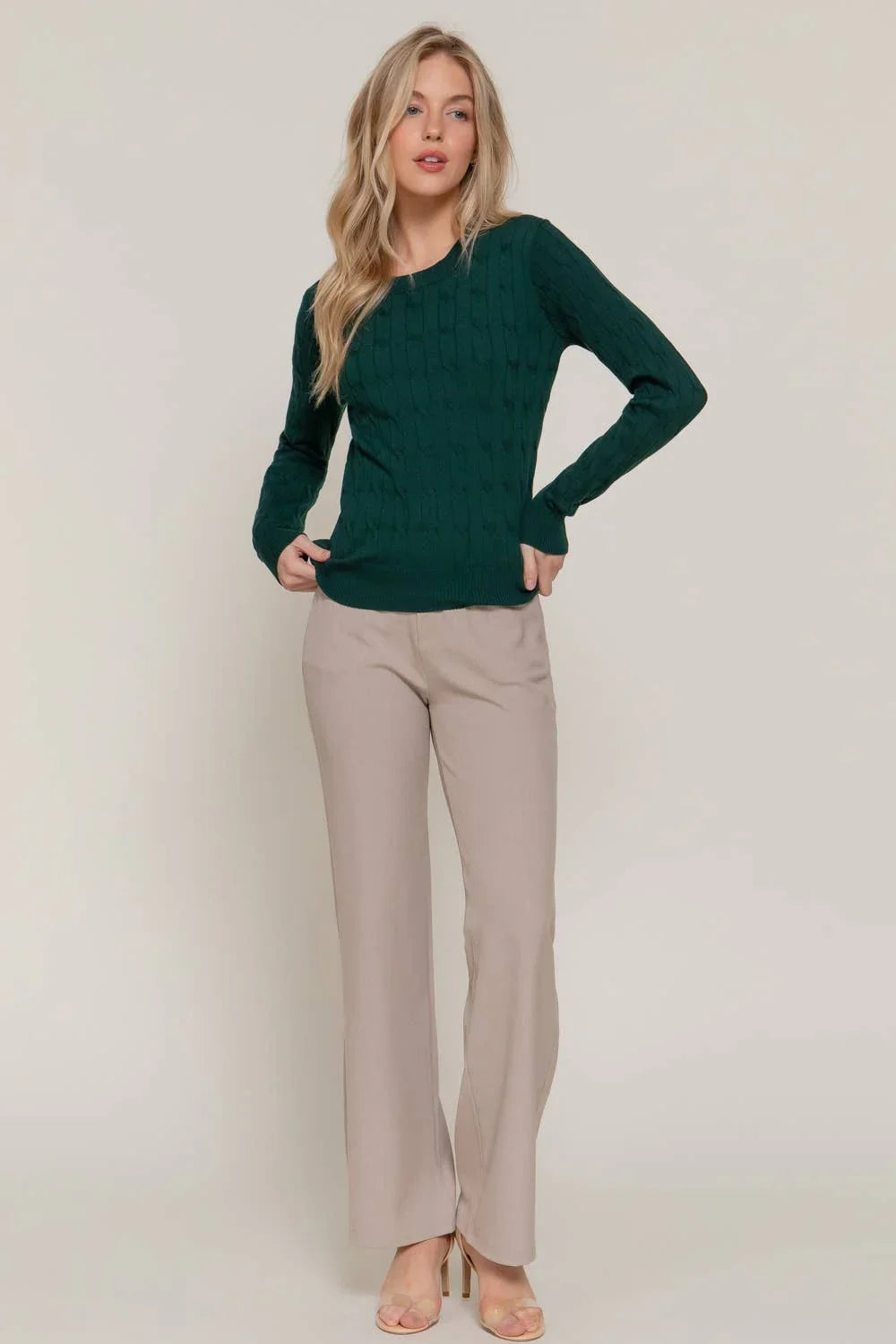 Women's Sweaters - Long Sleeve Round Neck Cable Sweater - - Cultured Cloths Apparel