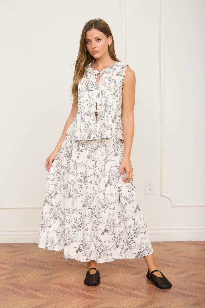 FLORAL TOILE PLEATED MIDI SKIRT
