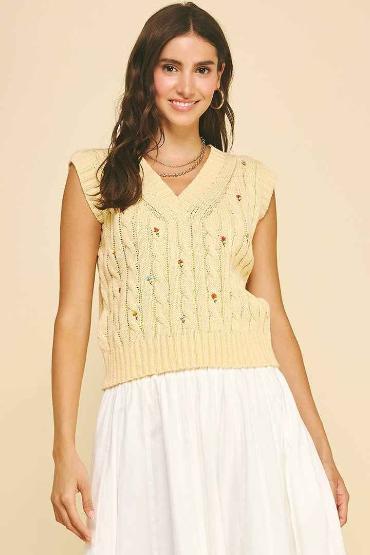 Women's Sleeveless - FLORAL EMBROIDERED CABLE KNIT SWEATER VEST - PALE YELLOW - Cultured Cloths Apparel
