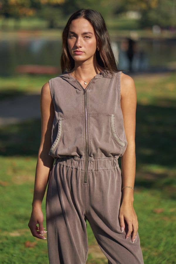 Washed Lace Trim Sleeveless Hooded Jumpsuit