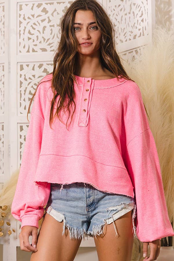 Lantern Sleeve Button-up French Terry Crop Top