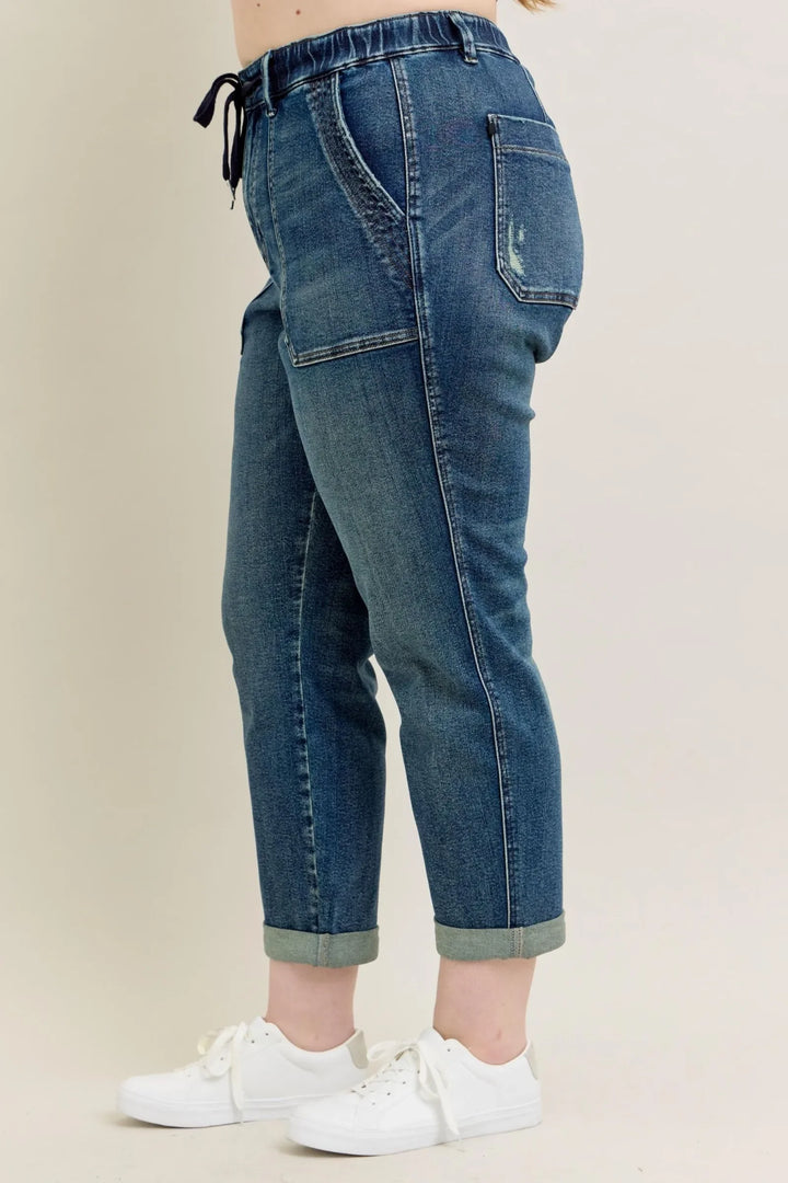Denim - Judy Blue Full Size HW Vintage Wash Jeans w/ Drawstring Plus Size - - Cultured Cloths Apparel