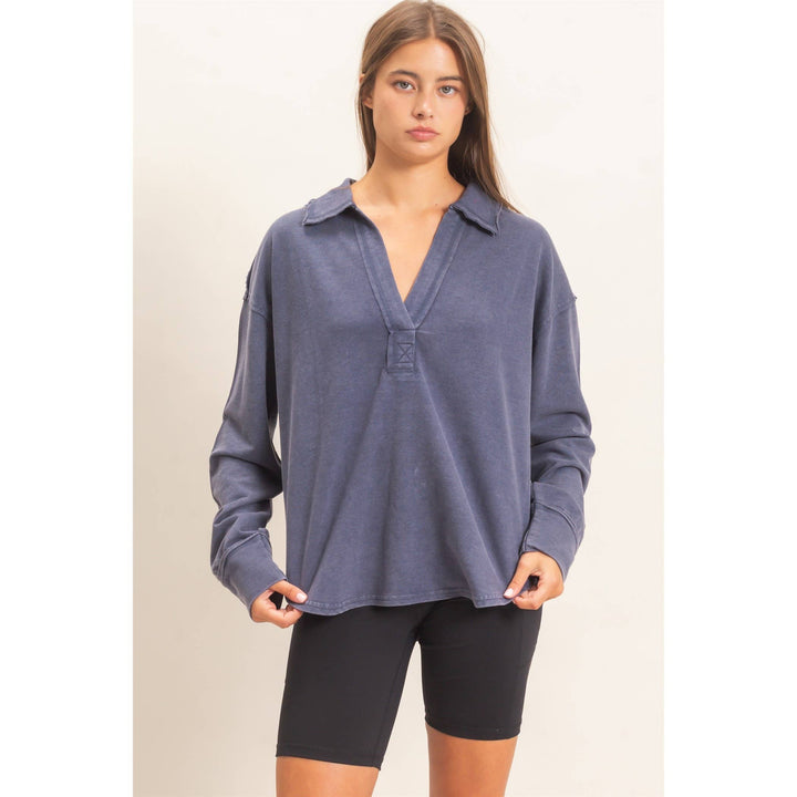 Mineral Washed Polo Collar Long Sleeve Top