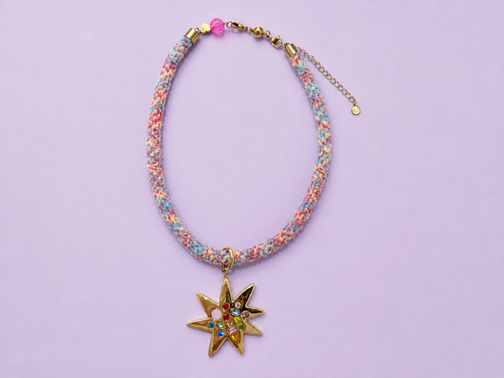 Textured Cord Necklace - Gold Sunburst Charm - Blakely