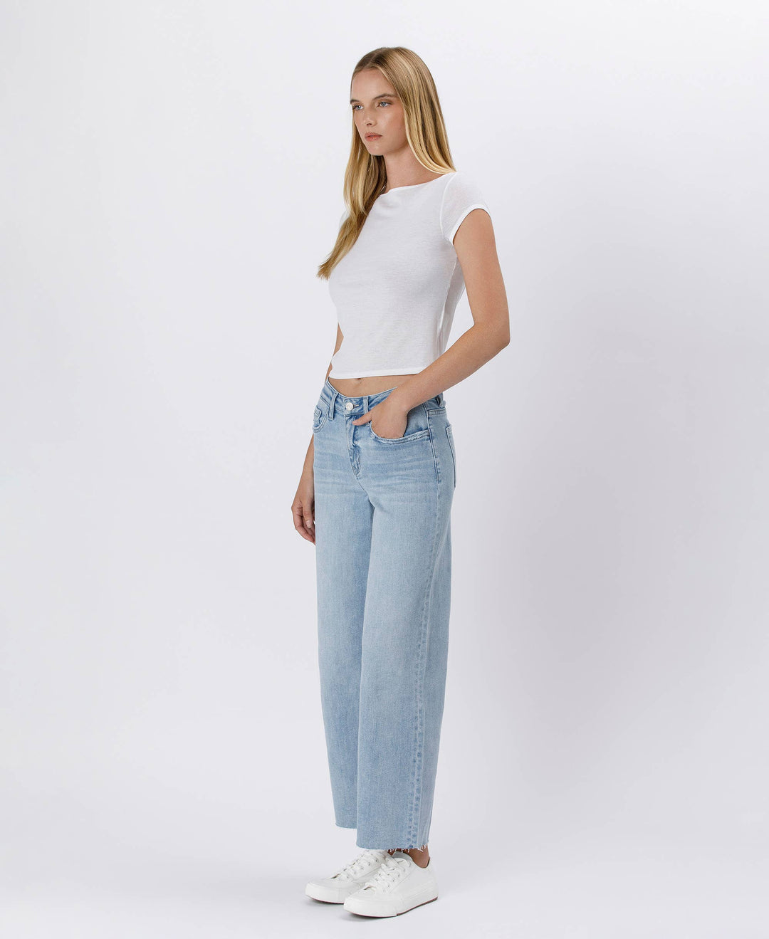 Denim - HIGH RISE LIGHT WASH RAW HEM WIDE LEG JEANS - - Cultured Cloths Apparel