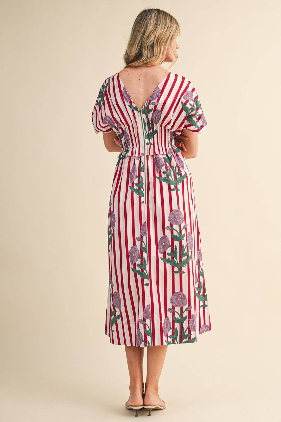 Dresses - STRIPED FLORAL PIN TUCK WAIST MIDI DRESS - - Cultured Cloths Apparel