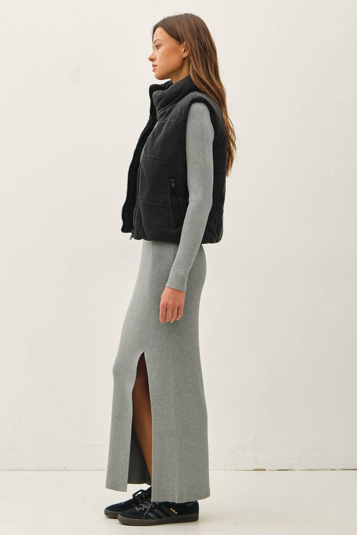 DENIM FEEL VINTAGE WASHING ZIP UP PUFFER VEST