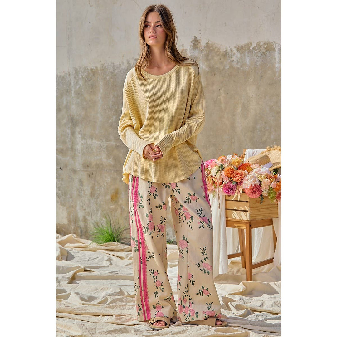 FLOWER PRINTED TWILL SIDE TRIM ELASTIC WAIST PANTS