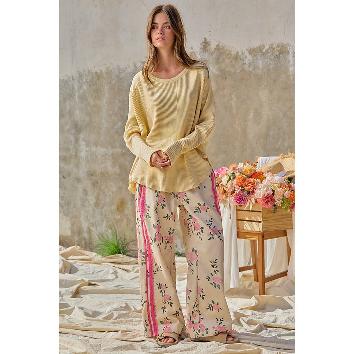 FLOWER PRINTED TWILL SIDE TRIM ELASTIC WAIST PANTS
