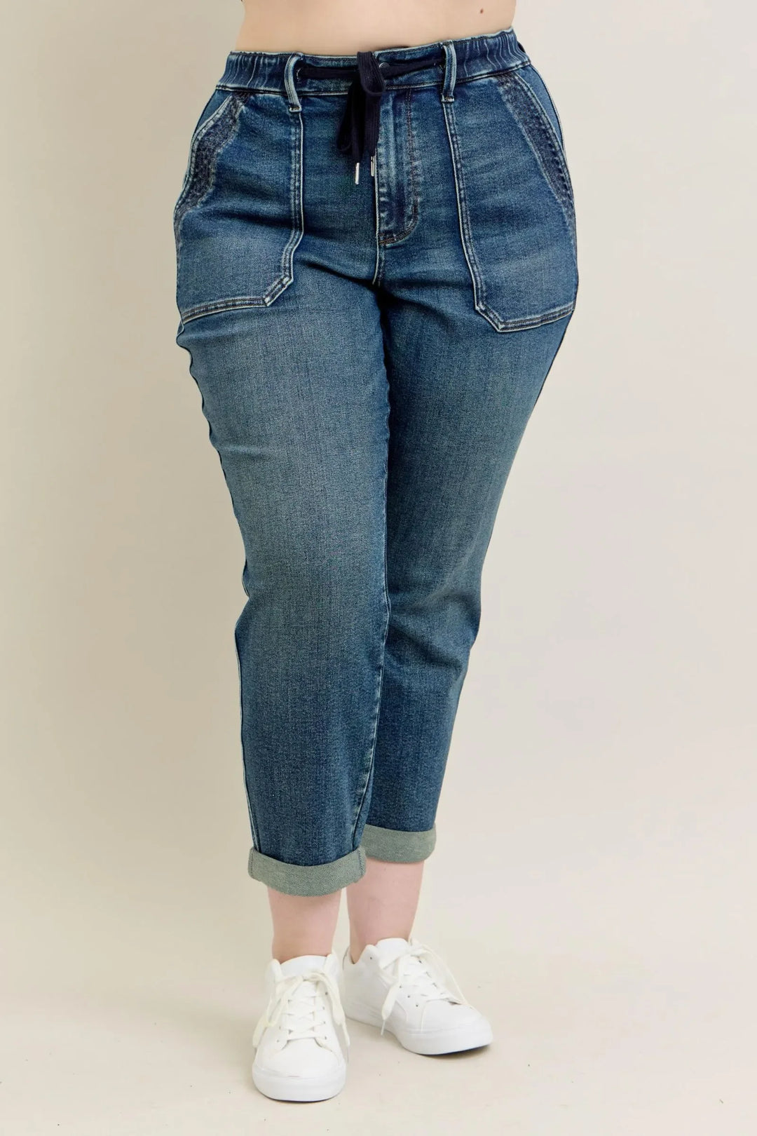 Denim - Judy Blue Full Size HW Vintage Wash Jeans w/ Drawstring Plus Size - - Cultured Cloths Apparel