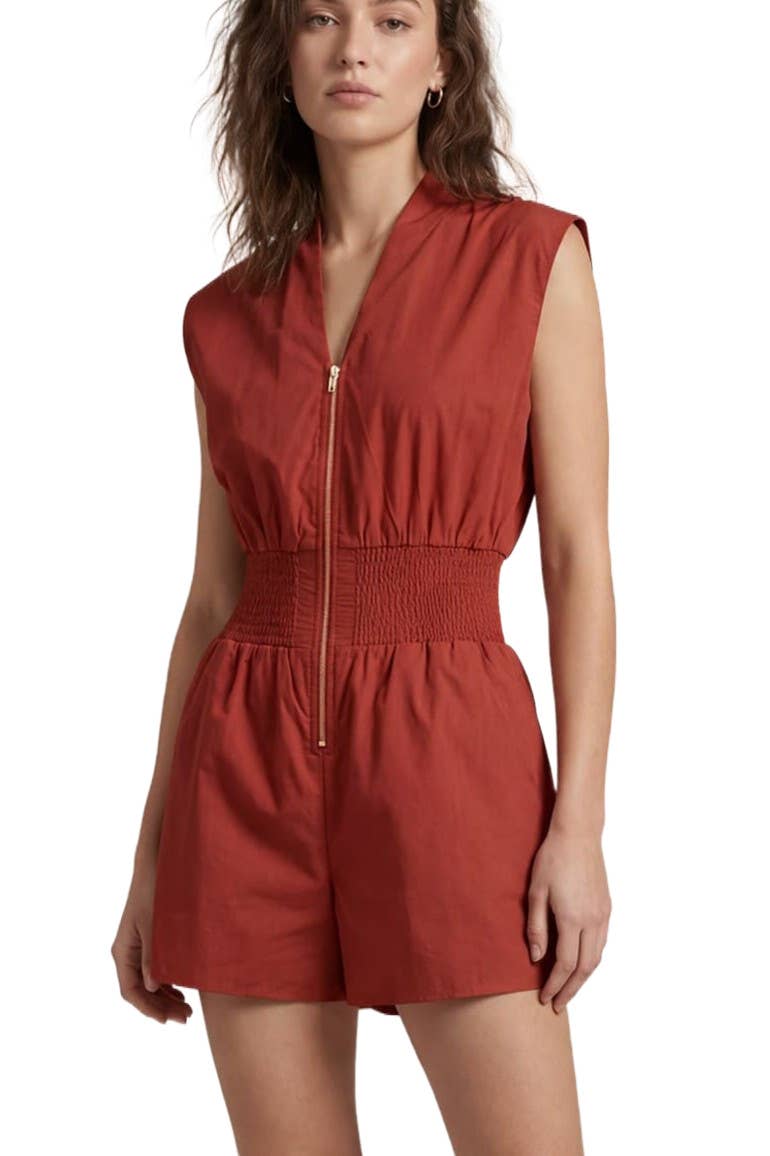 Romper - Cap Sleeve Woven Smocked Waist Front Zip Romper - SMALL - Cultured Cloths Apparel