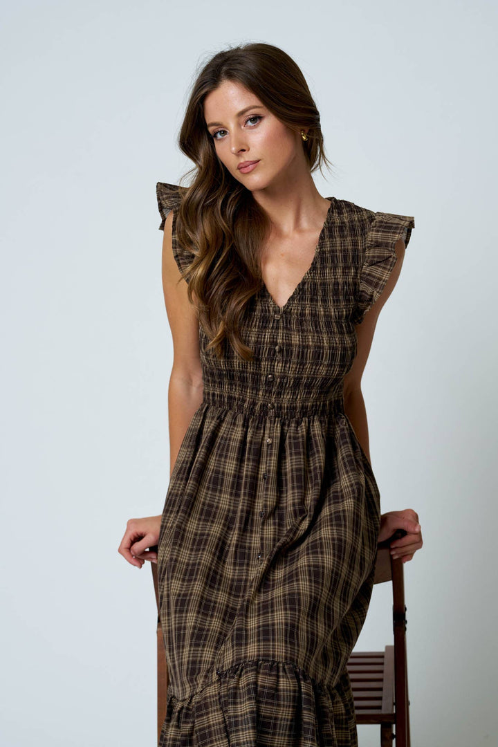PLAID SMOCKED V NECK BUTTON DOWN RUFFLED MIDI DRES