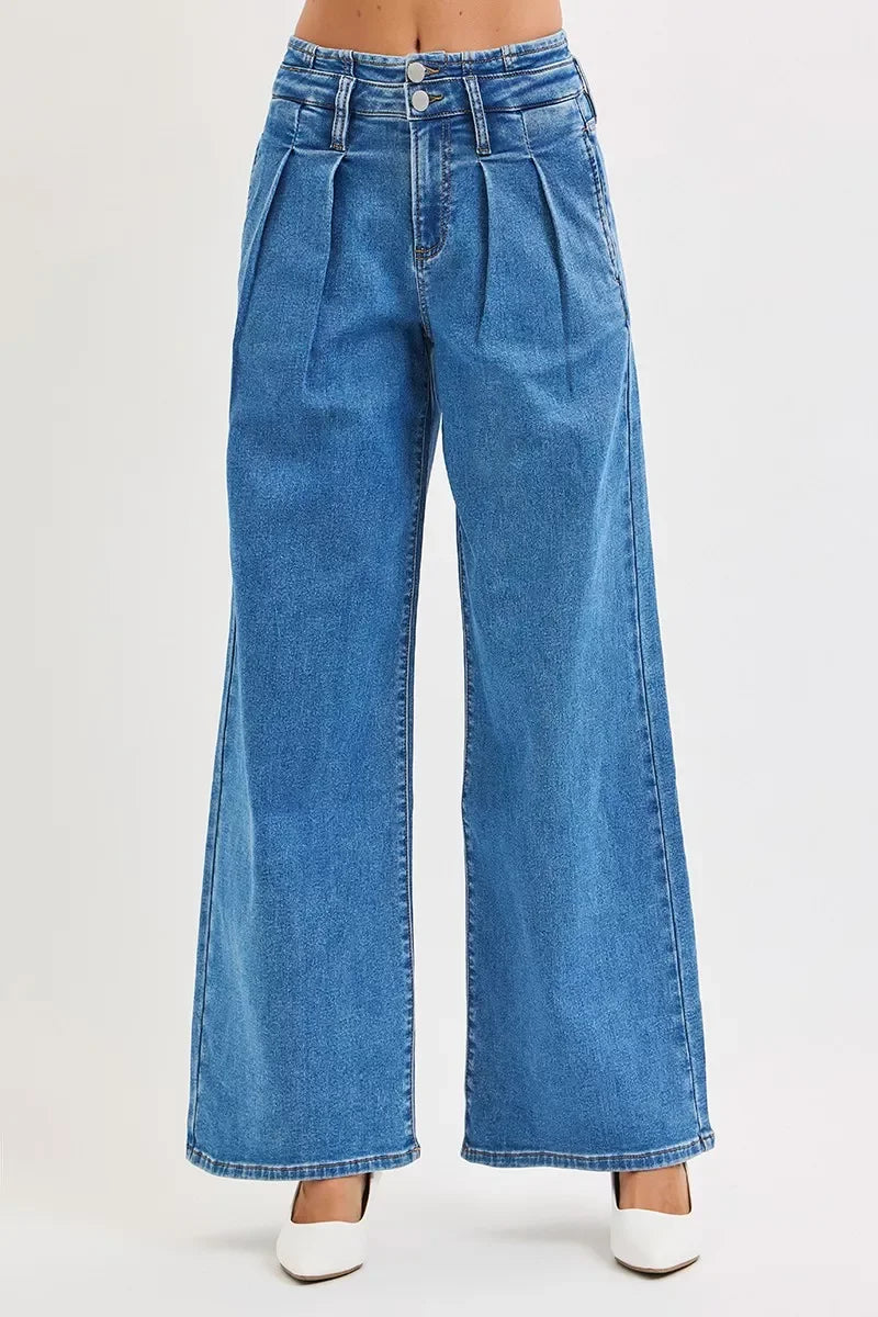 Denim - RISEN Full Size Mid Rise Fit Wide Leg with Pleated Detail Jeans - MEDIUM - Cultured Cloths Apparel