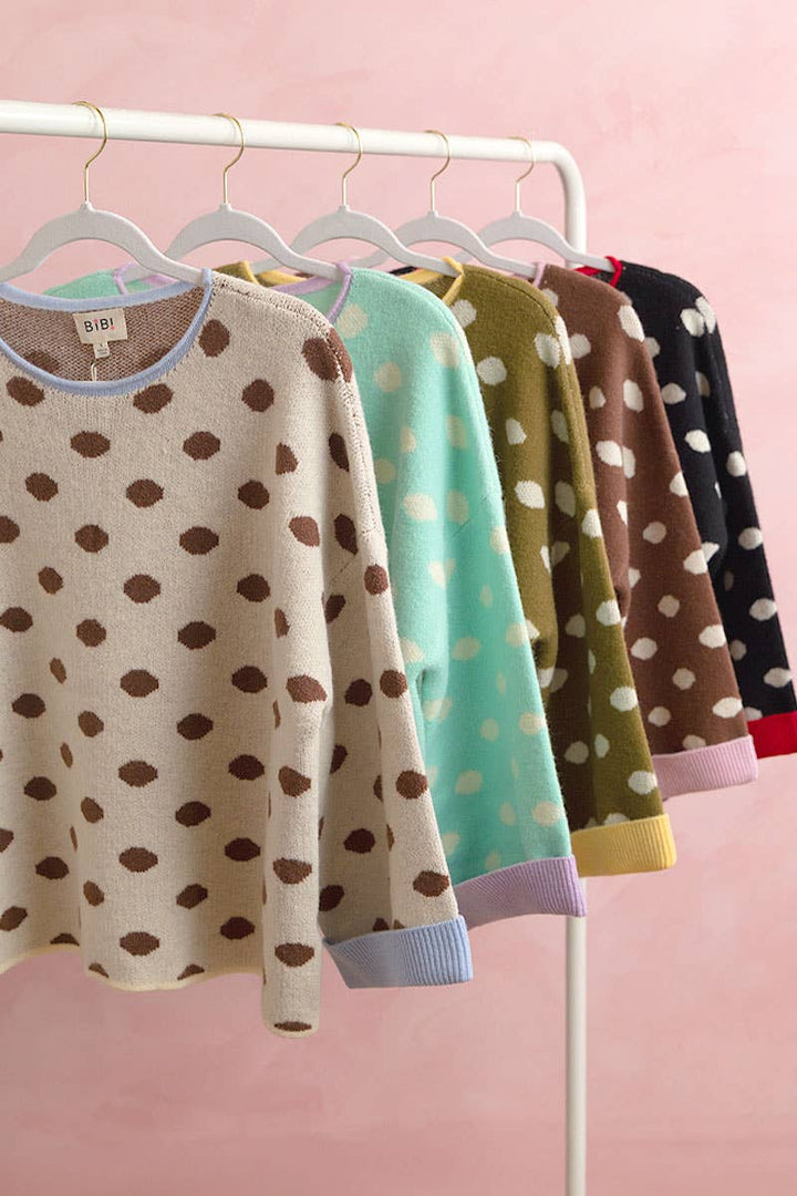 CONTRAST NECK AND ROLL UP DETAIL POLKA DOT SWEATER