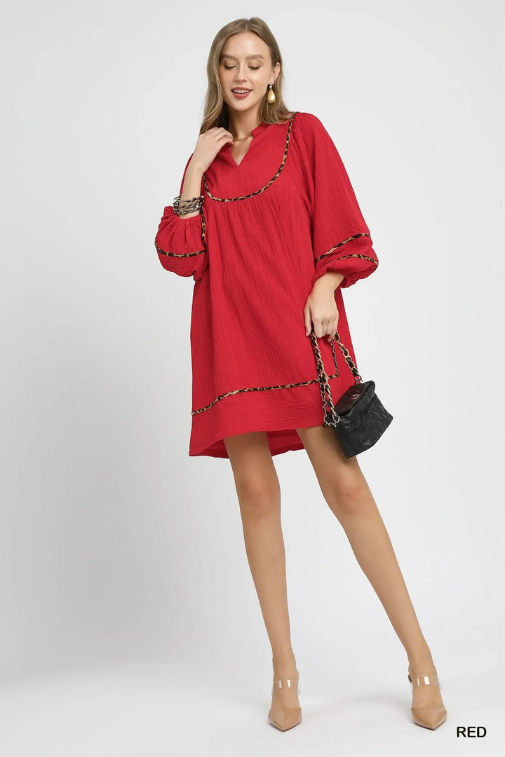 Women's Dresses - Umgee Textured Babydoll Dress with Leopard Trim - - Cultured Cloths Apparel