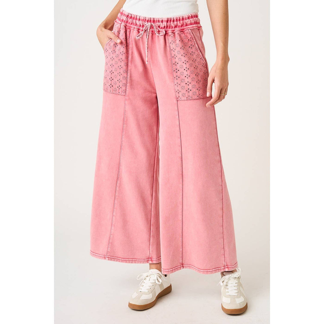 Pants - EYELET LACE POCKET MINERAL WASH WIDE LEG PANTS - - Cultured Cloths Apparel