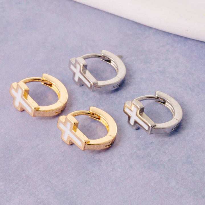 Accessories, Earrings - Gold Dipped Enamel Cross Huggie Hoop Earrings - - Cultured Cloths Apparel