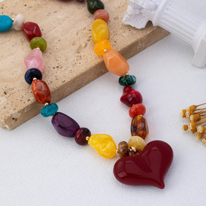 Accessories, Necklaces - Chunky Multicolor Bead Heart Pendant Necklace | 80N93690 - - Cultured Cloths Apparel