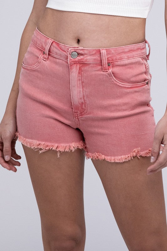 Women's Shorts - Acid Washed Frayed Cutoff Hem Shorts - ASH PINK - Cultured Cloths Apparel