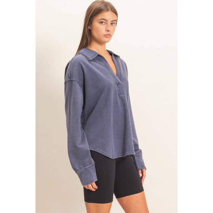 Mineral Washed Polo Collar Long Sleeve Top
