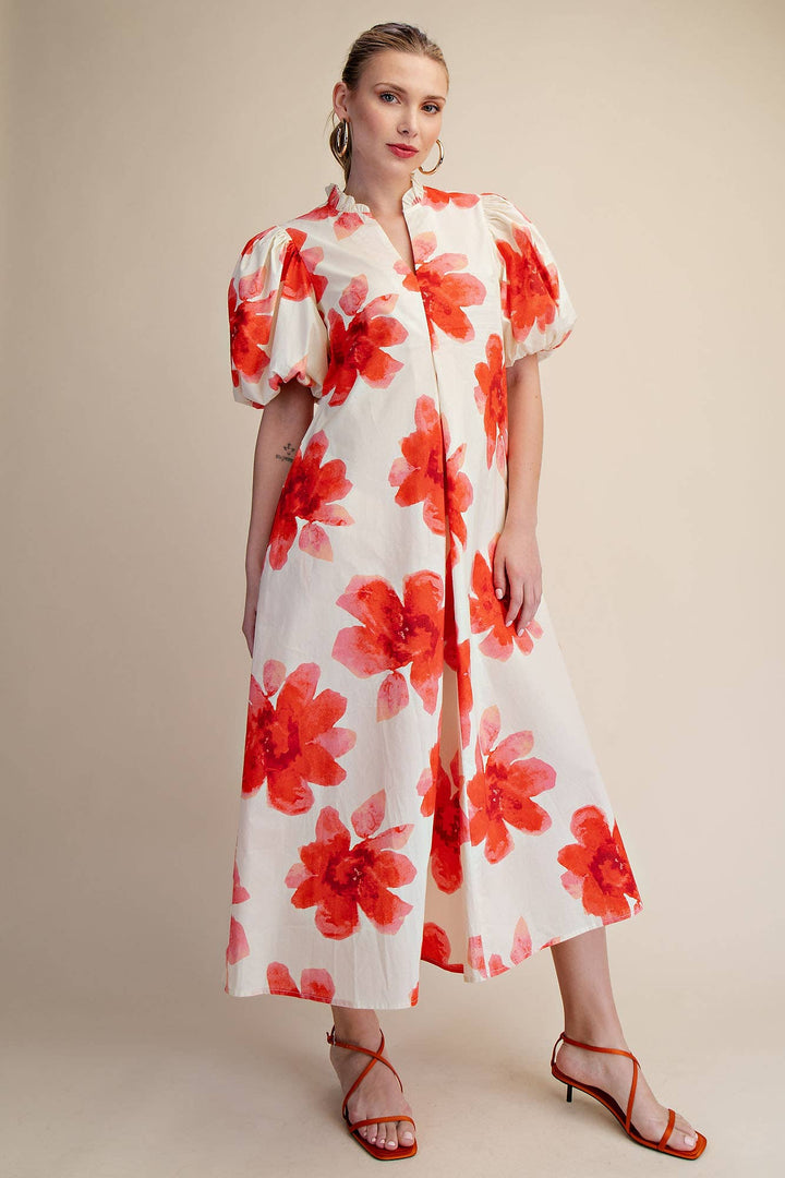 Lime Ruffle V-Neck Puff Sleeve Waist Pleated Midi Dress