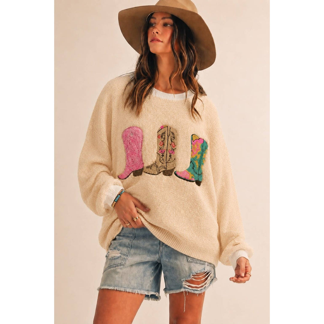 Women's Sweaters - Wildflower Rodeo Boots Patchwork Knit Sweater - S-M-L-XL(2-2-2-1) - Cultured Cloths Apparel