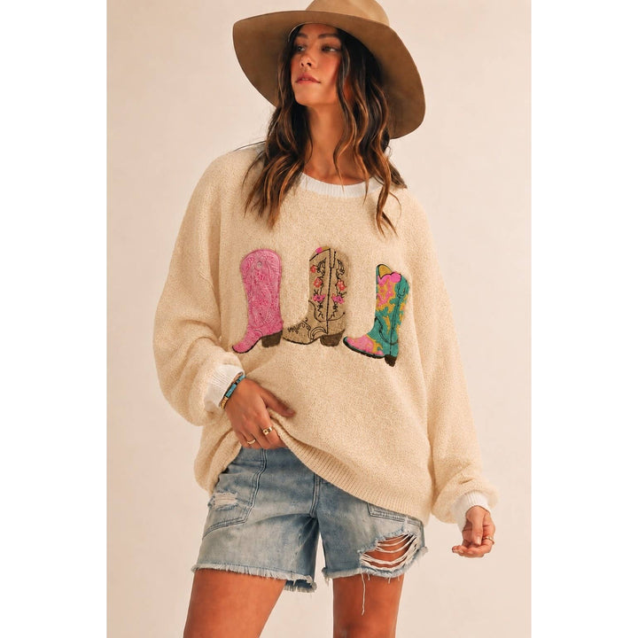 Women's Sweaters - Wildflower Rodeo Boots Patchwork Knit Sweater - S-M-L-XL(2-2-2-1) - Cultured Cloths Apparel