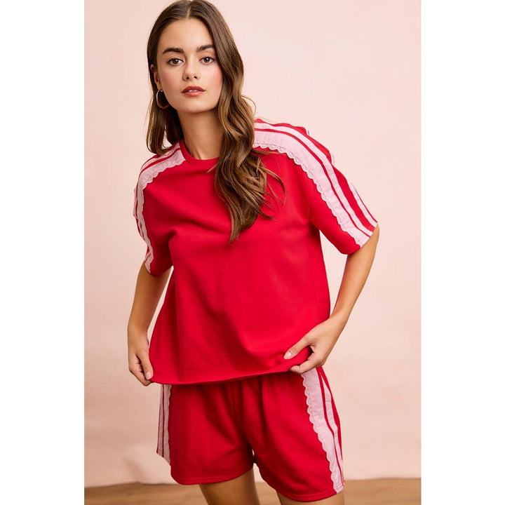 FRENCH TERRY SIDE LACE DETAIL SHORT SLEEVES TOP