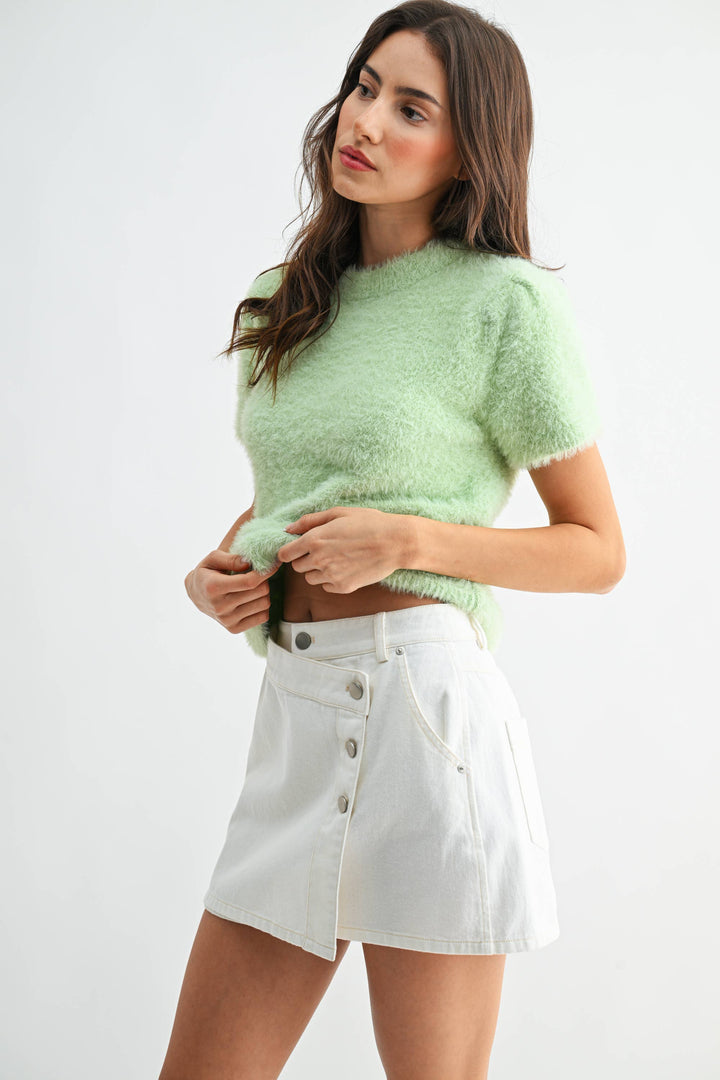 Women's Short Sleeve - Soft Pink Fuzzy Knit Short Sleeve Sweater Top - - Cultured Cloths Apparel