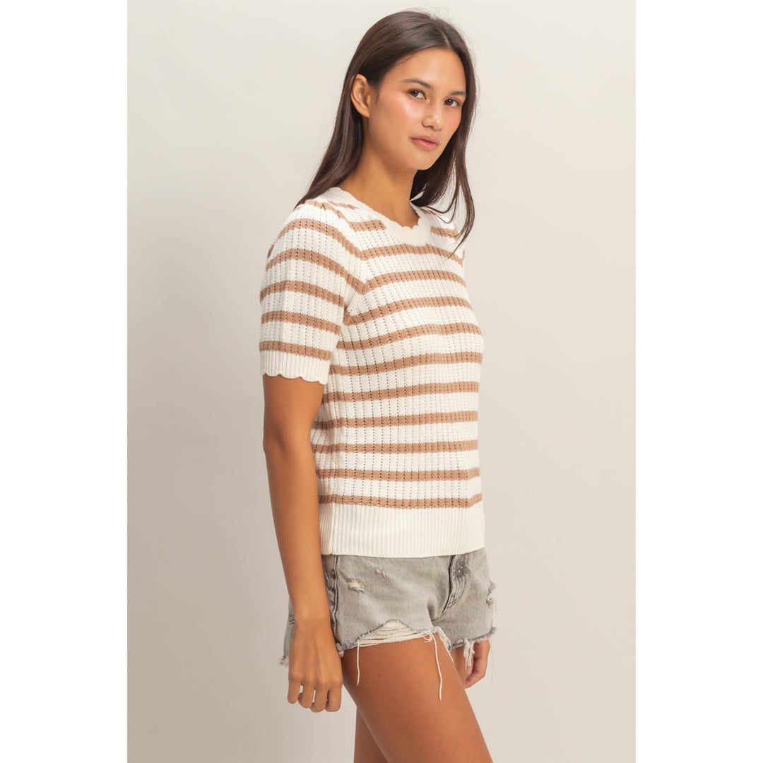 Striped Scallop Edge Puff Sleeve Knit Top