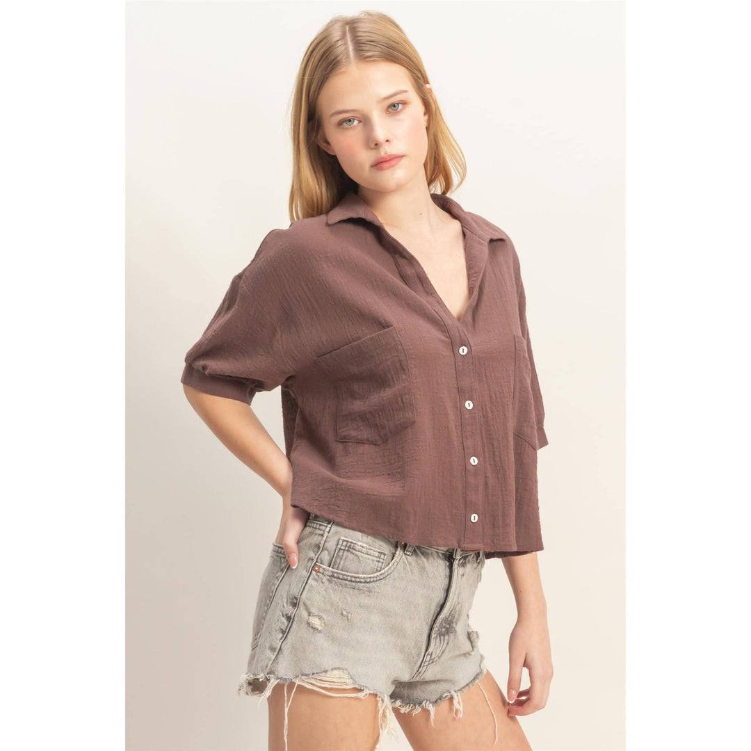 Women's Short Sleeve - Textured Button-Up Shirt - - Cultured Cloths Apparel