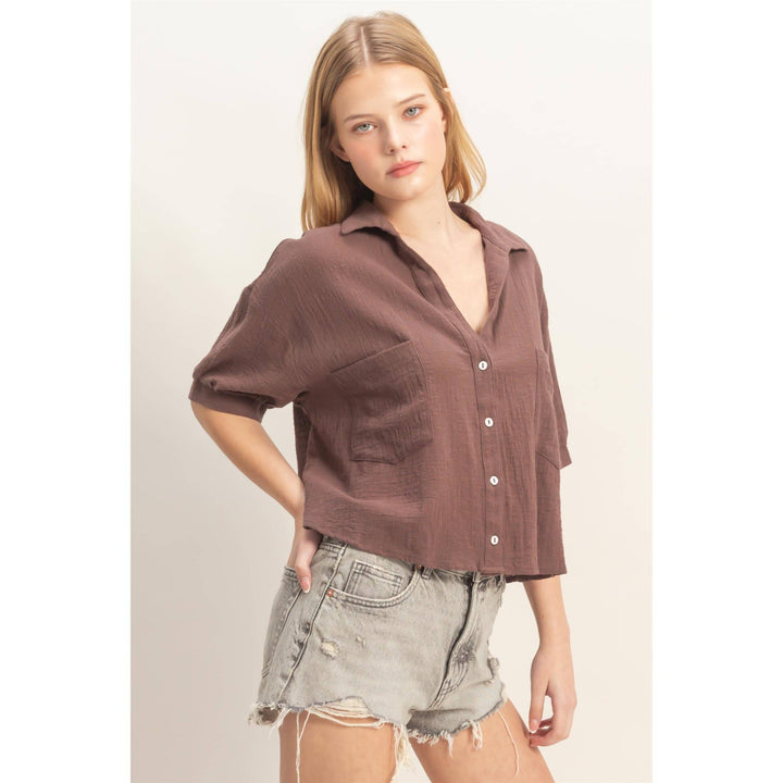 Women's Short Sleeve - Textured Button-Up Shirt - - Cultured Cloths Apparel