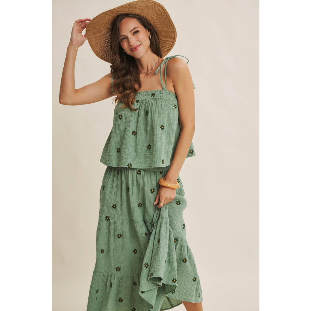 Women's Skirts - SUNSET FIELD EMBROIDERED COTTON GAUZE SMOCKED MIDI SKIRTS - - Cultured Cloths Apparel
