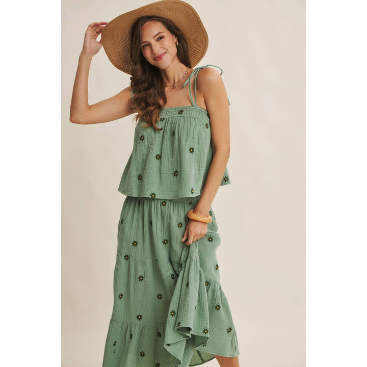Women's Sleeveless - SUNSET FIELD EMBROIDERED COTTON GAUZE TANK WITH TIE STRAPS - - Cultured Cloths Apparel