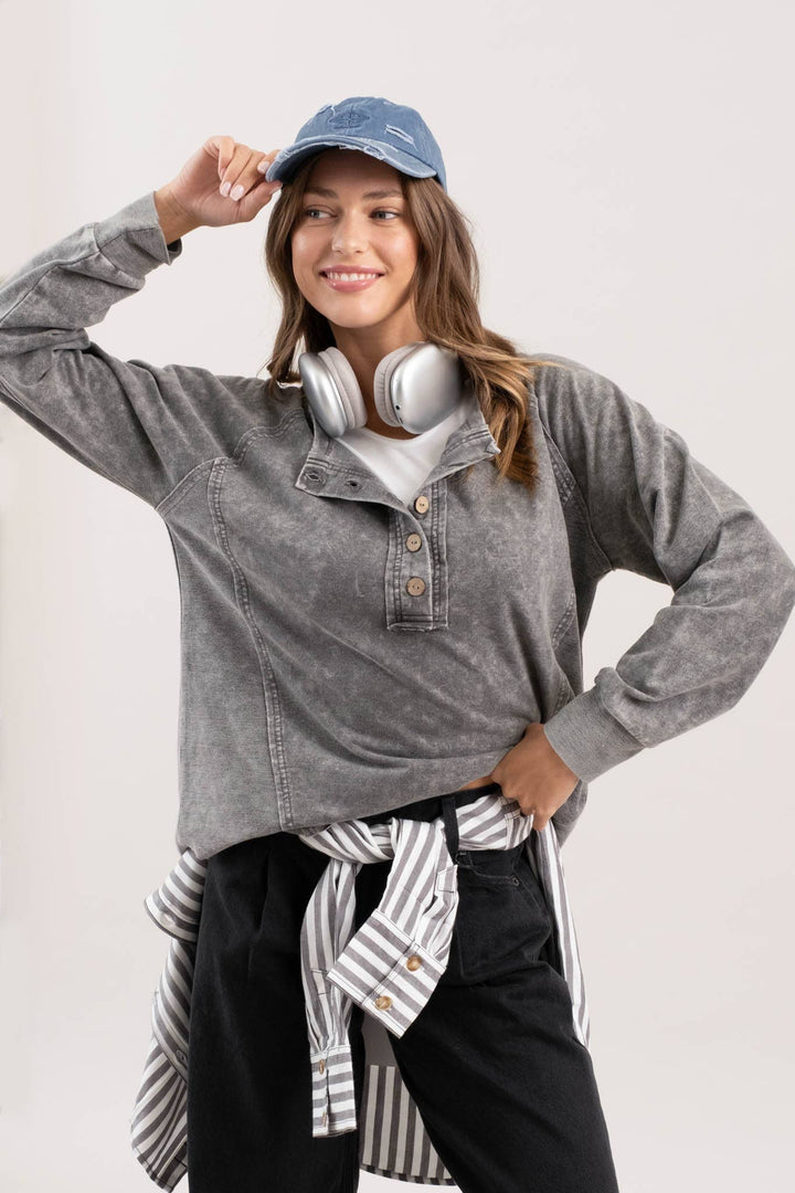 Women's Long Sleeve - WASHED HENLEY RAGLAN LONG SLEEVE KNIT TOP - CHARCOAL - Cultured Cloths Apparel