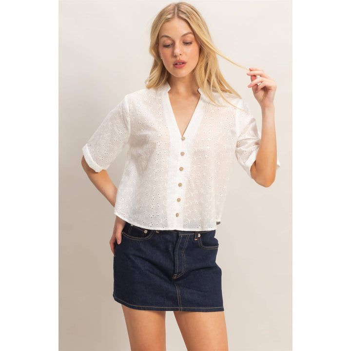 Olive Floral Eyelet Mandarin Collar Top