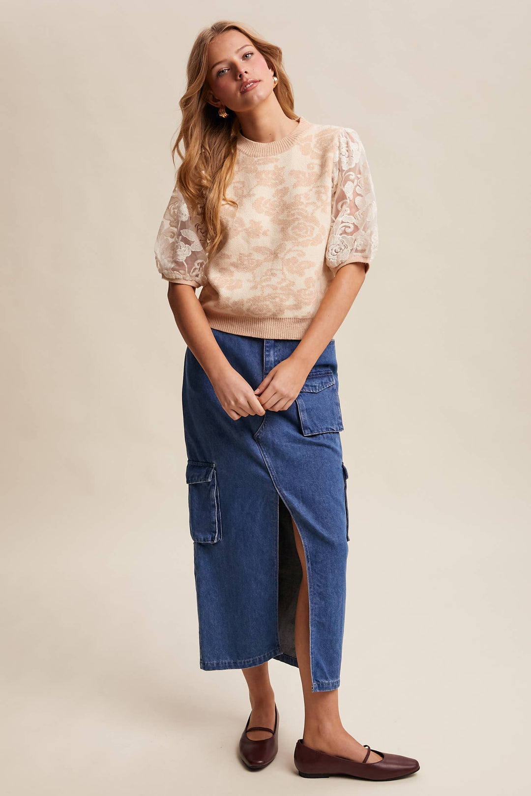 Women's Short Sleeve - Rose Embroidered Contrast Knit Top - - Cultured Cloths Apparel